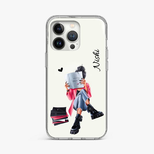 Girl with Books and Personalized Name Clear Case