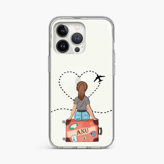 Travel-Themed Girl Illustration Clear Case with Customized Name